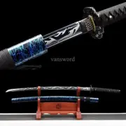 Japanese Katana Carbon Steel Samurai Sword Black Blade White Pattern Blue Saya.
