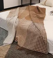Luxury Plaid Throw Blanket 100% Wool with Elegant Tassels, Ultra Soft Cozy Warm Decorative Throw for Bed Couch Sofa, Large Office Nap Blanket Shawl for Air-Conditioned Room Camel 120 * 200cm
