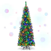 Costway 2M Pre-lit Christmas Tree Slim Xmas Tree Hinged PVC Tips w/Multicolor Lights Holiday Home Decor
