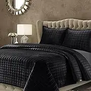 Tribeca Living Velvet Queen Quilt Set, Three-Piece Box Stitch Bedding, Includes Oversized Quilt & Two Shams, 260GSM Super Soft Velvet, Black