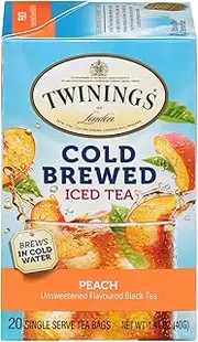 Twinings Cold Brewed Iced Tea Bags, Peach - Ready in 5 Minutes, Flavoured Black Tea Cold Brew Bags, Caffeinated, Unsweetened, 20 Count