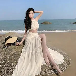泰國馬爾代夫海邊度假沙灘裙女性感掛脖吊帶背心開叉半身裙套裝夏