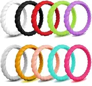[Emoly] Silicone Wedding Ring for Women,Thin and Stackable Braided Rubber Wedding Bands,Fashion, No-Toxic,Comfortable，Skin Safe （10 Packs）