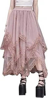 [Verdusa] Women's Asymmetrical Tulle Skirts Elastic High Waist Ruffle Tiered Mesh Long Skirt