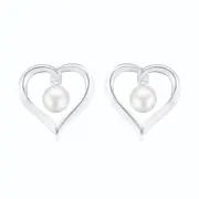 Sterling Silver with Round Brilliant Cut 6.5mm Fresh Water Pearls & Cubic Zirconia Heart Studs Earrings