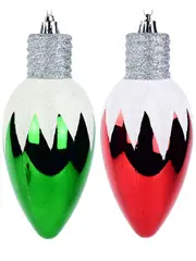 Red & Green Christmas Light Bulb Baubles With White Icicle Pattern - 4 x 16cm