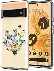 Unov Pixel 6 Pro Case Clear with Design Soft TPU Shock Absorption Slim Embossed Pattern Protective Back Cover for Pixel 6 Pro 5G 6.7 inch (Flower Butterfly)