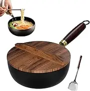 Suntuup Japanese Iron Pan, Hand-Forged Non-Stick Iron Pan Without Coating, Durable and Rust-Free, Uncoated Cast Iron Pans with Lid for Cooking (Black with Wooden Lid,24cm)