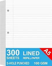 (3-Pack) A5 Filler Paper, 3 Hole Planner Refills, Organizer, Loose-leaf Binder Paper, Total 300 Sheets/600 Pages, Lined, 100gsm, White, 5.8 x 8.2 Inch, 3 Hole Filler Paper, Mini Binder Refill Inserts