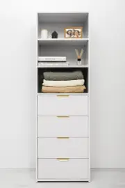 Geneva 3 Shelf 4 Drawer Built In Wardrobe - White - Fluted - Pull Brass