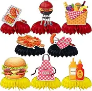 8Pcs BBQ Baby Birthday Party supplies set Honeycomb Centerpieces Double Sided Table Topper for BBQ Party Decorations (Picnic)