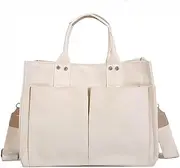 [N\C] Canvas Bag with Handle -Mommy Bag, Large Capacity Messenger Bag Durable Multi Pocket Shoulder Bag Wear Resistant Tote Purse Reusable Handbag Easy to Clean, Canvas White, White, One Size