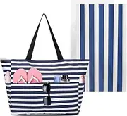 [QINGZY] Large Beach Bags for Women with Beach Towel, Waterproof Sandproof Summer Beach Tote Bag with Makeup Bag Zipper Pocket Reusable Grocery Bags Holiday Travel Essentials Shopping Bag Handbags for Pool Gym