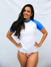 Ladies Size 8-16 White with Blue Short Sleeve Rash Top Bathers UPF50+ (37840)