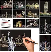 Cunegra 12 PCS Scratch Art Paper, Rainbow Scratch Painting, DIY Art Craft with 6 Tools, World Famous City Series Night Scratch Scratchboard for Adult and Kids