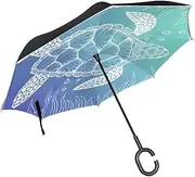 Double Layer Inverted Umbrella Cars Reverse Umbrella Sea Turtle Gradient Color Windproof UV Proof Travel Outdoor Umbrella