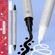 2 White and Black Acrylic Paint Pens, Acrylic Paint Markers Dual Tip (Fine 1mm + Dot 5mm), Acrylic Markers for Fabric, Canvas, Rock, Glass, Wood, Paper, DYI, Paint Markers for Kids and Adults