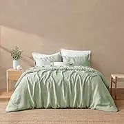 Natural Home Vintage Washed Hemp Linen Quilt Cover Set Doona Duvet Cover 2 Pillowcases, 3 Pieces Bedding, Comforter Set - Sage (Queen: 1x Quilt Cover 210cm x 210cm; 2X Pillowcases 48 x 73cm)