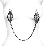 Master Series Black Japanese Clover Nipple Clamps with Chain, Clip On Metal Finish Clamp Set for Nipples, For Women, Men, Couples, Adjustable Strength, Textured Rubber Padded Tips, Set of