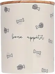 Pearhead Bone Appetite Treat Jar, Ceramic and Wood Pet Treat Canister, Modern Neutral Color Home Kitchen Accessories, Dog Biscuit Storage Jar