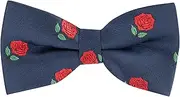 [King & Priory] Red Rose Navy Blue Herringbone Embroidered Bow Tie