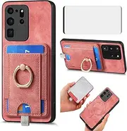 Asuwish Phone Case for Samsung Galaxy S20 Ultra 5G Wallet Cell Cover with Screen Protector Tempered Glass Slim Ring Stand Credit Card Holder Slot S20ultra 20S S 20 A20 S2O 20ultra G5 Women Men Pink