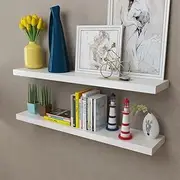 2 White MDF Floating Wall Display Shelves Book/DVD Storage,242185