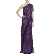 Badgley Mischka One Shoulder Fringed Sequin Maxi Gown 2 Purple $990 NWT