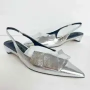 TONY BIANCO Women's Size 6.5 Silver Metal Elijah Pointed Toe Bow Slingback Flat