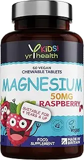 Kids Magnesium Tablets for Sleep, Anxiety and Ticks, 50mg Chewable Raspberry Flavour Magnesium for Kids, Vegan Society Registered Tablets not Gummies, 2 Months Supply - Made in The UK by