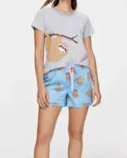 NEW PETER ALEXANDER HANGING SLOTH TEE TOP + SHORTS PJ SET GREY BLUE XS RP$109.90