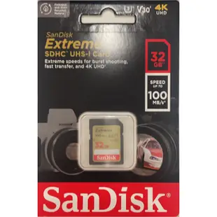 SanDisk SDHC 32GB 32G 100MB/s SD Extreme UHS U3 4K V30 相機記憶卡
