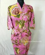 Floral Print Robe Full Length 3/4 Sleeves Pink 100% Cotton women Kimono Dress A