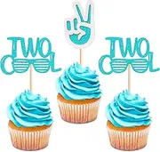 Ercadio 24 Pack Two Cool Cupcake Toppers Glitter Blue Two Cool Happy 2nd Birthday Cake Picks Baby Shower Kids Second Birthday Party Cake Decorations