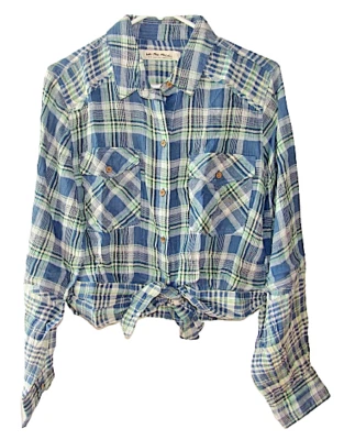 Free People Size XS Blue Green Plaid First Bloom Button Front Tie Front Shirt
