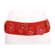 Women Red Elastic Fabric Strap Fashion Belt Flowers Silver Buckle Fit Size S M