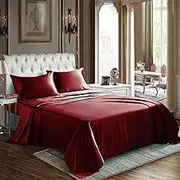 CozyLux Satin Sheets Full Size - 4 Piece Burgundy Bed Sheet Set with Silky Microfiber, 1 Deep Pocket Fitted Sheet, 1 Flat Sheet, and 2 Pillowcases - Smooth and Soft