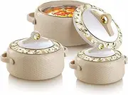 GALOOF Set of 3 Insulated Plastic Inner Stainless Steel Casserole | Thermal Serving Tureen Bowl with Lid Hot Pot (White, Big (1000+1500+2000 ml)) (Light Brown)