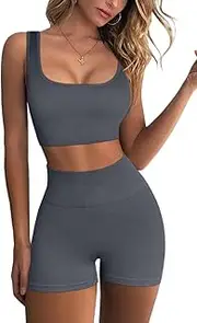 [QINSEN] FAFOFA Workout Sets for Women 2 Piece Seamless Ribbed Crop Tank High Waist Shorts Yoga Outfits