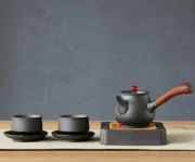 Japanese Kyusu Teapot Ceramic Pottery Black Handmade Tea Cup Saucer Holder Set