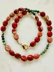 Red Jasper and Turquoise Necklace Gold Accent Beads, 17.75in, Gold filled clasp