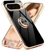 Aitipy for Google Pixel 9/9 Pro Case with 360° Rotation Ring Holder Magnetic Stand, Luxury Shiny Plating Edge Shockproof Electroplated Protective Cases (Black/Golden)