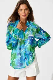 Women's Party Brielle Top Full Length Sleeve in multicolor Blue and Multi Print Chiffon 8