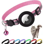 Detachable Reflective Cat Collar with Apple Air Tag Holder and Bell for Male and Female Cats, 0.4 Inch Wide and Lightweight (Pink)