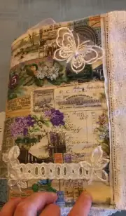 junk journal book handmade. Vintage lace and papers. 2 signatures. 14 pages each