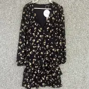 BooHoo Dress Womens 12 Black Floral Mini Ruffle Hem Sheer Balloon Sleeve NWT