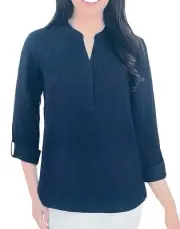 New Hilary Radley Women’s Roll Sleeve Tunic Blouse Medium M Navy Blue