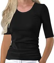 [Generic] Womens Plain Long Sleeved Shirts Ruched Side Slim Fit Basic Casual T Shirts Summer Casual Tee Tops Woman Short Sleeve Top