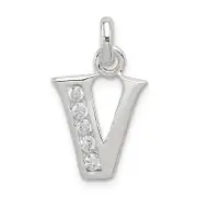 Sterling Silver White Cz Letter V Initial Pendant