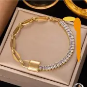 Paperclip Chain Baguette Cut CZ & Lock Pendant 14K Gold Plated Bracelet 7”